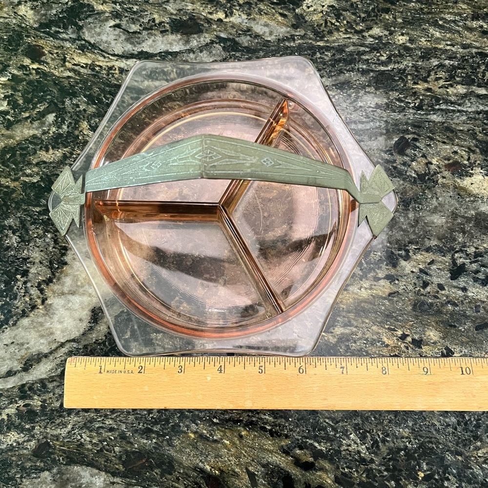 Vintage Glass Hexagon Pink Depression Divided Plate Candy Nut & Handle